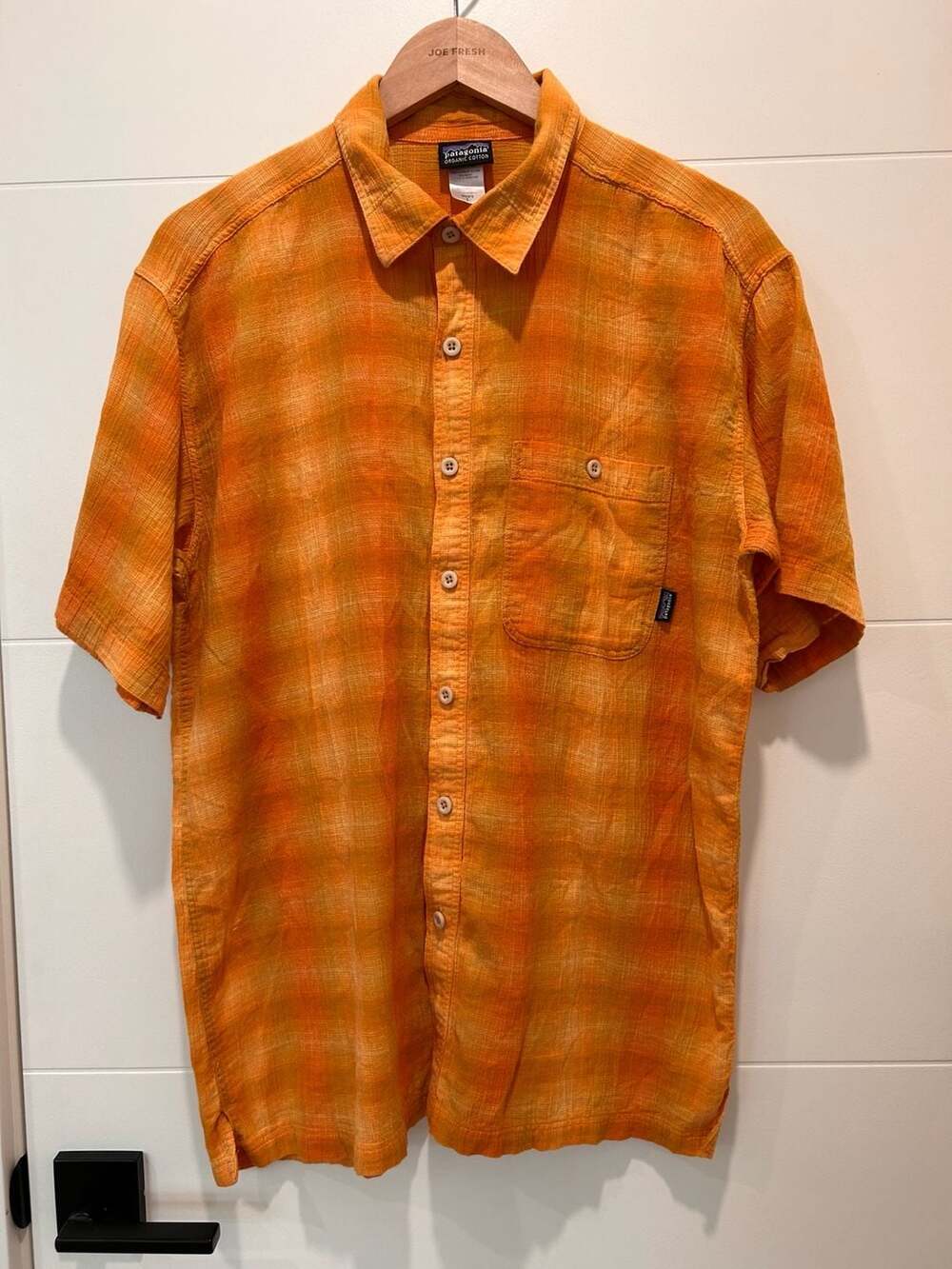 Patagonia A/C Shirt Size L Orange Plaid Organic Cotton Short Sleeve